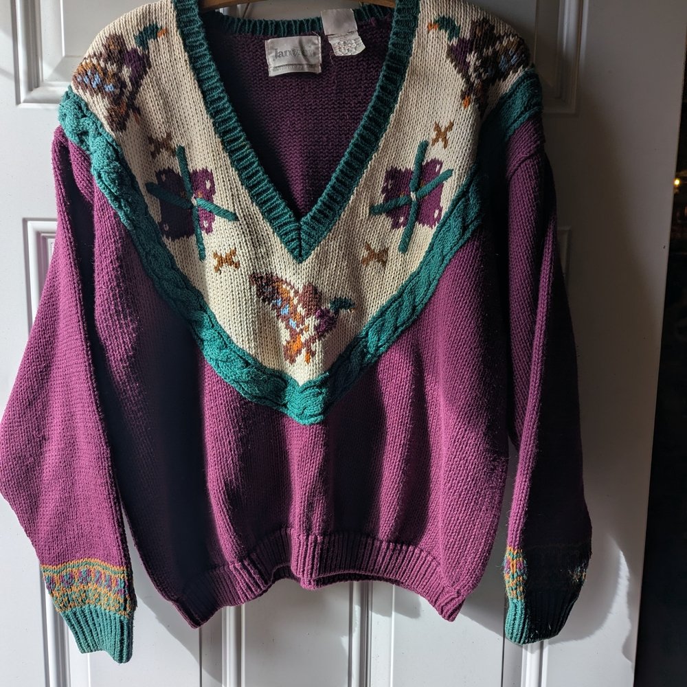 Vintage Jantzen Womens Embroidered Sweater Duck Burgundy Green